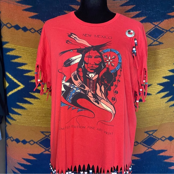 VTG Screen Stars Best Black Label Native American beaded Fringe Tee Shirt. XL - Picture 2 of 16